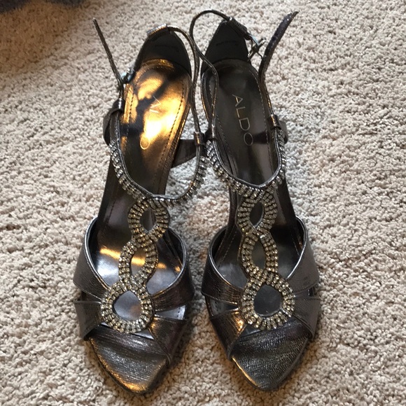 Pewter Strappy Open Toe Heels - Picture 1 of 3